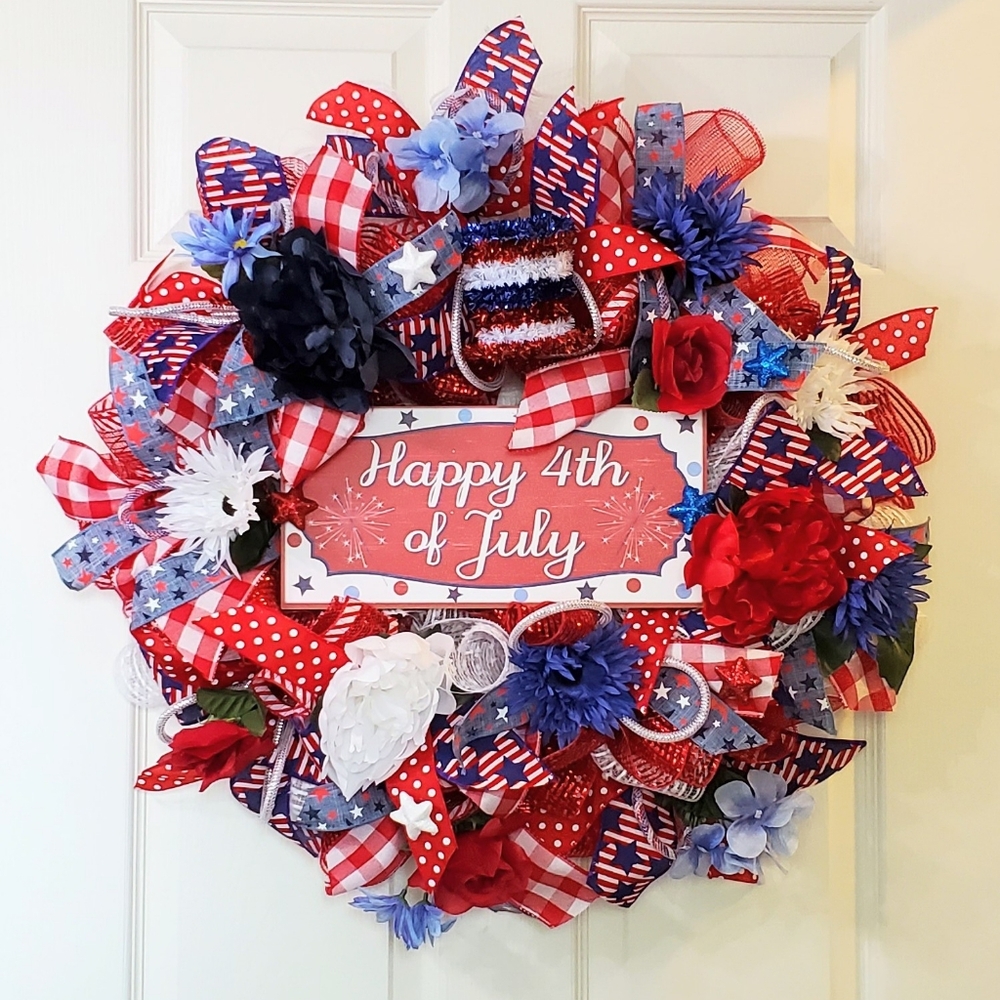 Happy Fourth of July Patriotic Deco Mesh Wreath, Red White and Blue Door Decor